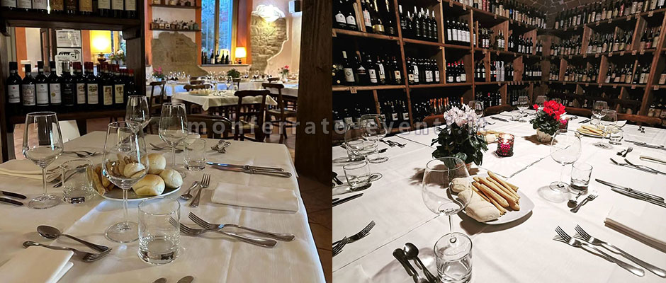 Tavoli apparecchiati nell'enotecha della rocca di camagna monferrato
