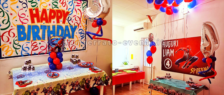decorazione sala ristorante con palloncini e tematiche dei cartoni amnimati come spiderman
